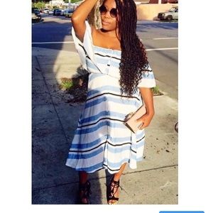 off shoulder blue & white striped dress
